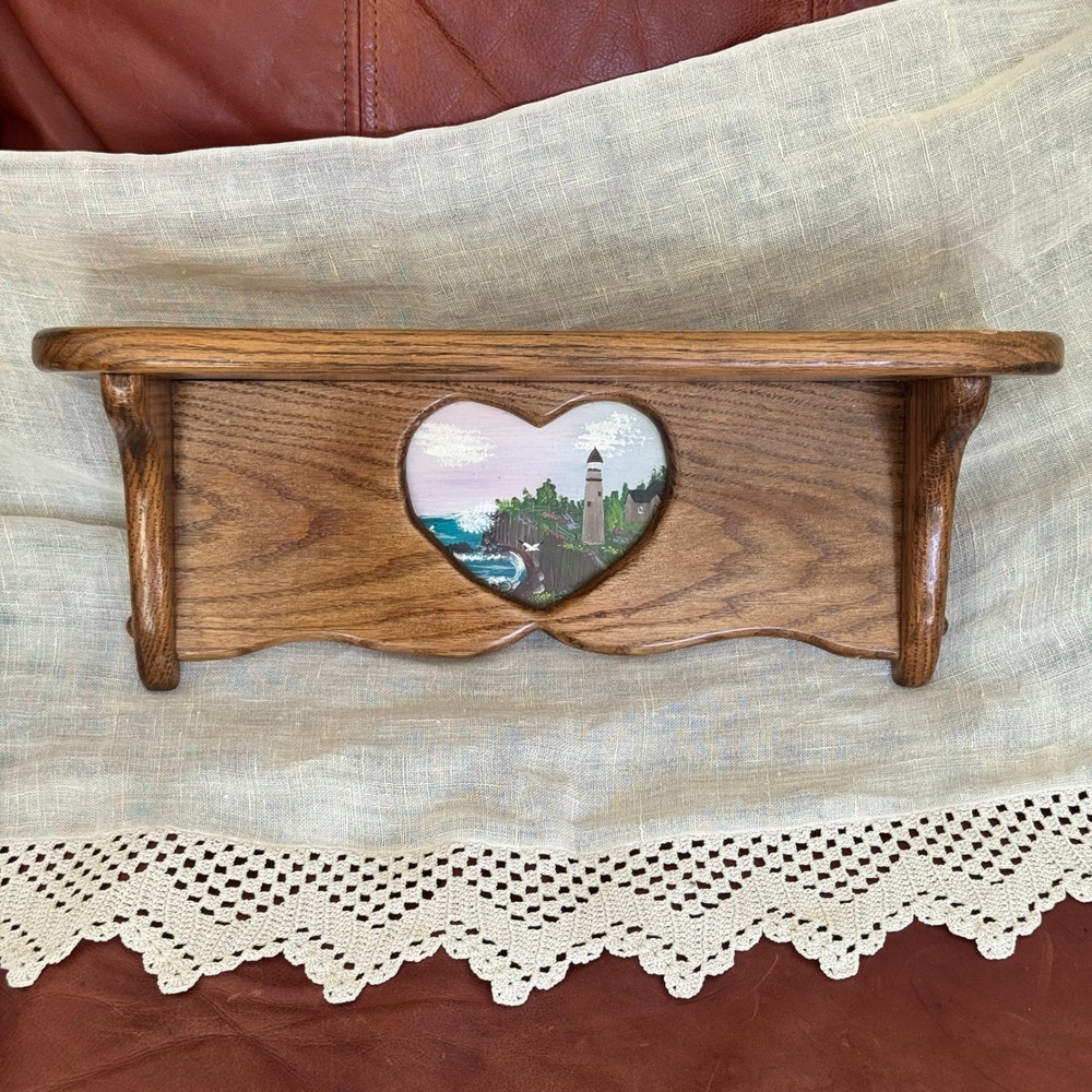 Vintage Wood Wall Shelf Heart Cutout Hand Painted Lighthouse Coastal Folk Art